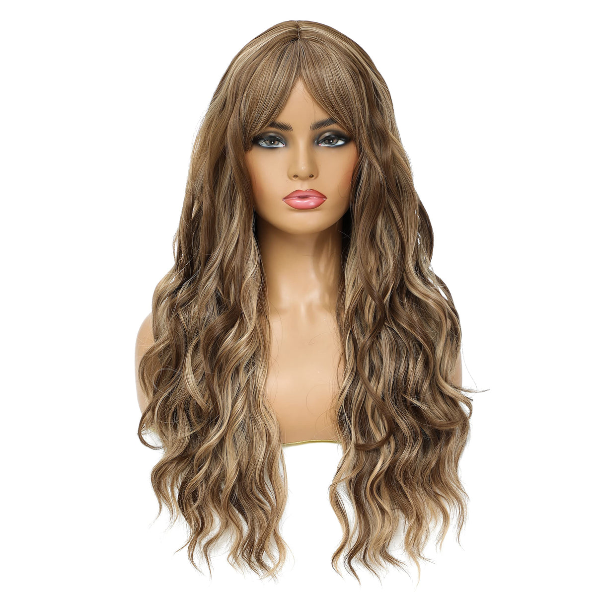 SWACC Long Curly Wavy Wig with Bangs Synthetic Hair Wig for Women with Wig Cap (Pink Ombre)