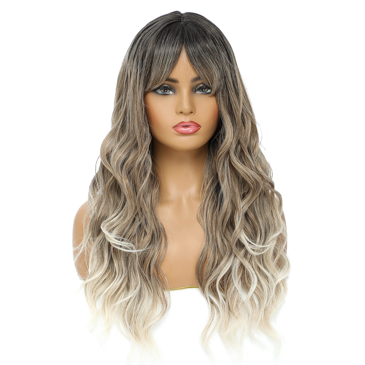 SWACC Long Curly Wavy Wig with Bangs Synthetic Hair Wig for Women with Wig Cap (Pink Ombre)
