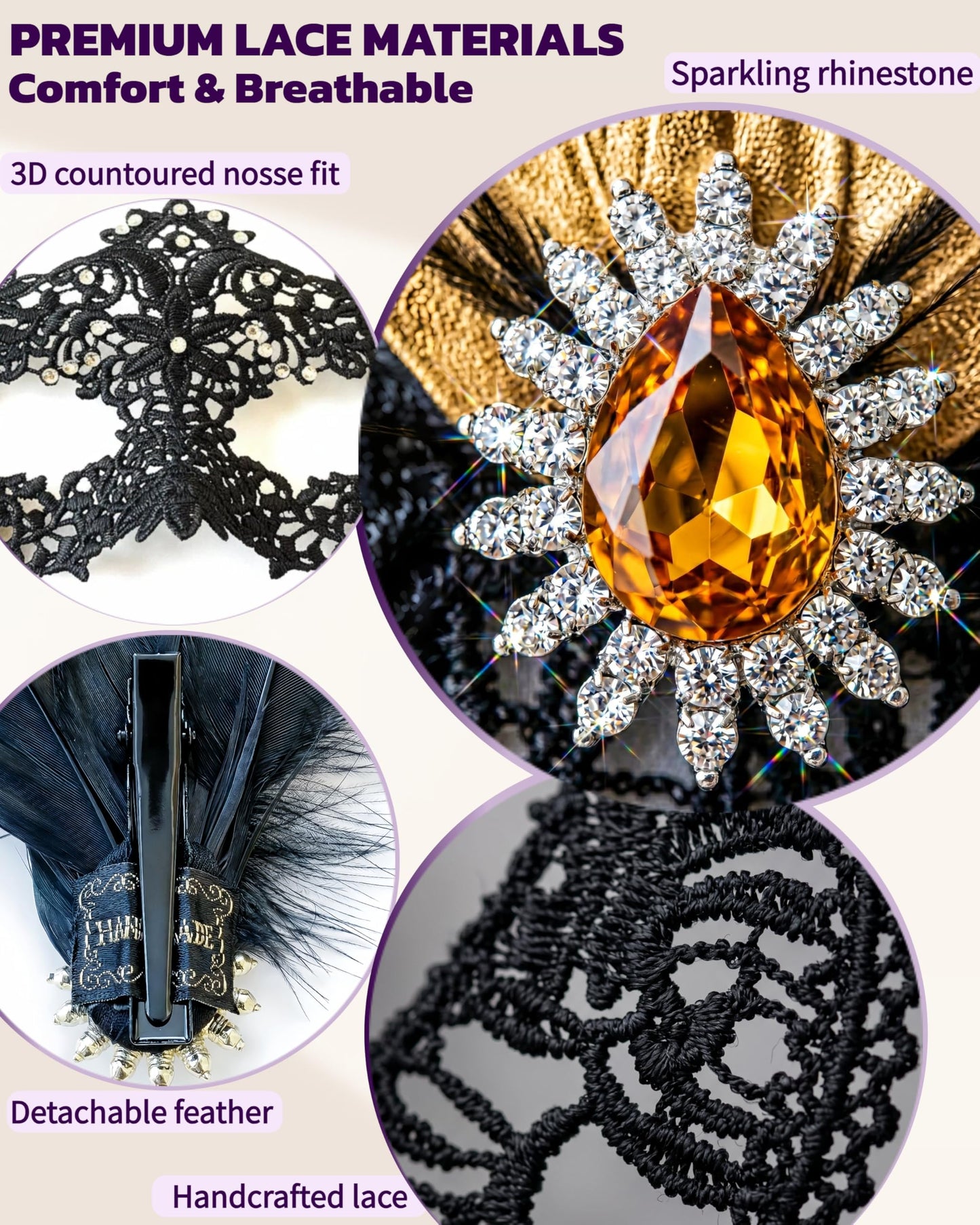 Black Lace Masquerade Mask for Women,1920s Venetian Feather Eye Mask with Gold Rhinestones for Mardi Gras Halloween