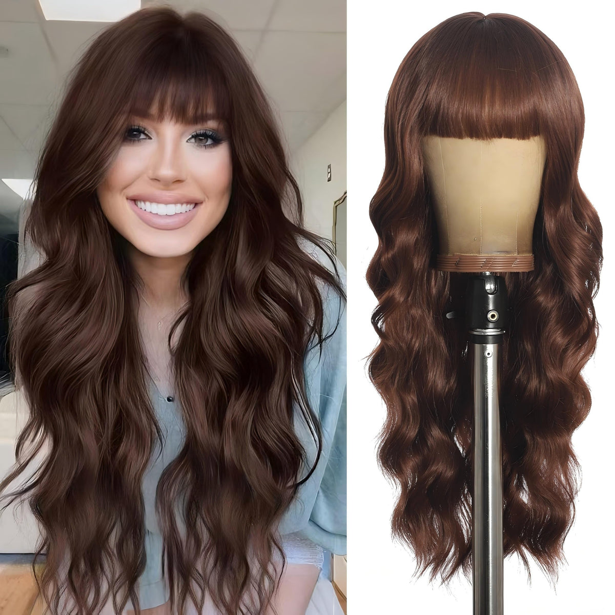 Black Wig with Bangs Long curly wavy Wigs for Women26In Synthetic Black Wig