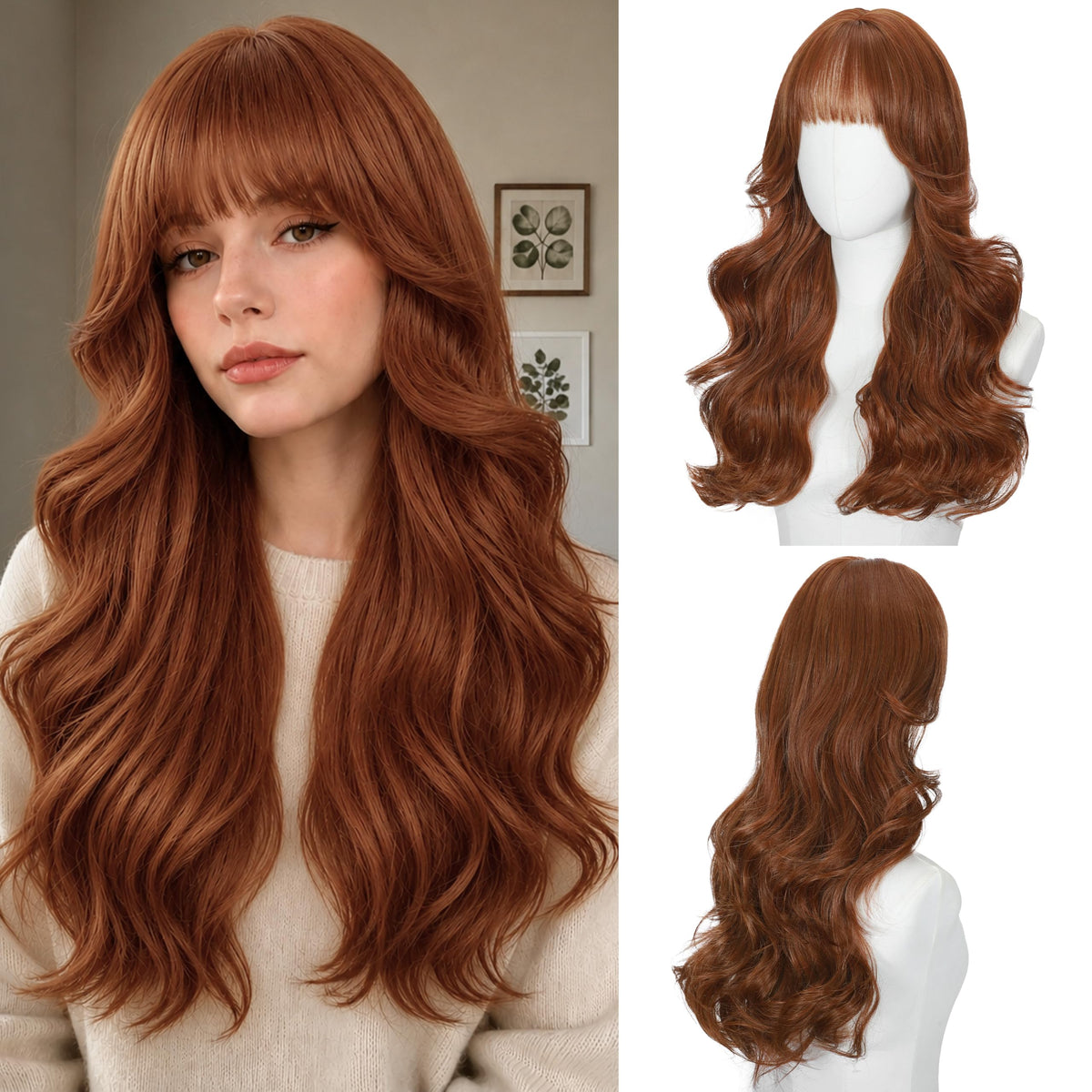 Rooted Honey Wig with Bangs for Women 24 Inch Long Wavy Synthetic Hair