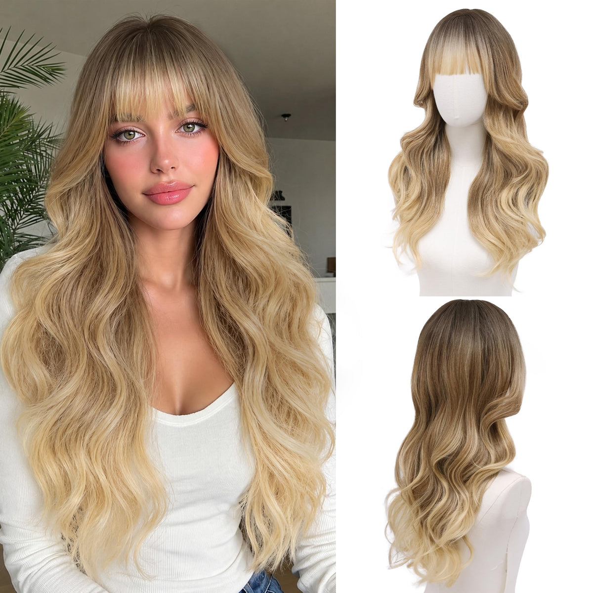 Rooted Honey Wig with Bangs for Women 24 Inch Long Wavy Synthetic Hair