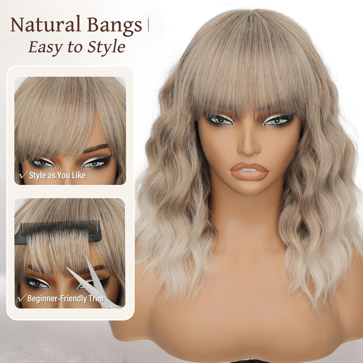 Nnzes Short Wavy Bob Wig with Bangs for Women Shoulder Length Curly Dark Brown with Purple Synthetic Heat-Resistant Fiber Hair for Daily & Party Use