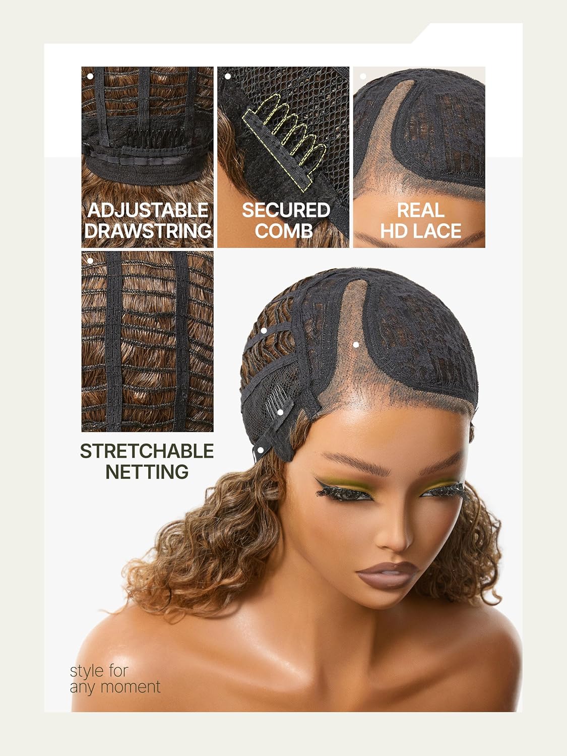 Frodio Curly Water Wave Glueless Wig 12'' Short Curly Wigs Honey Brown Mix