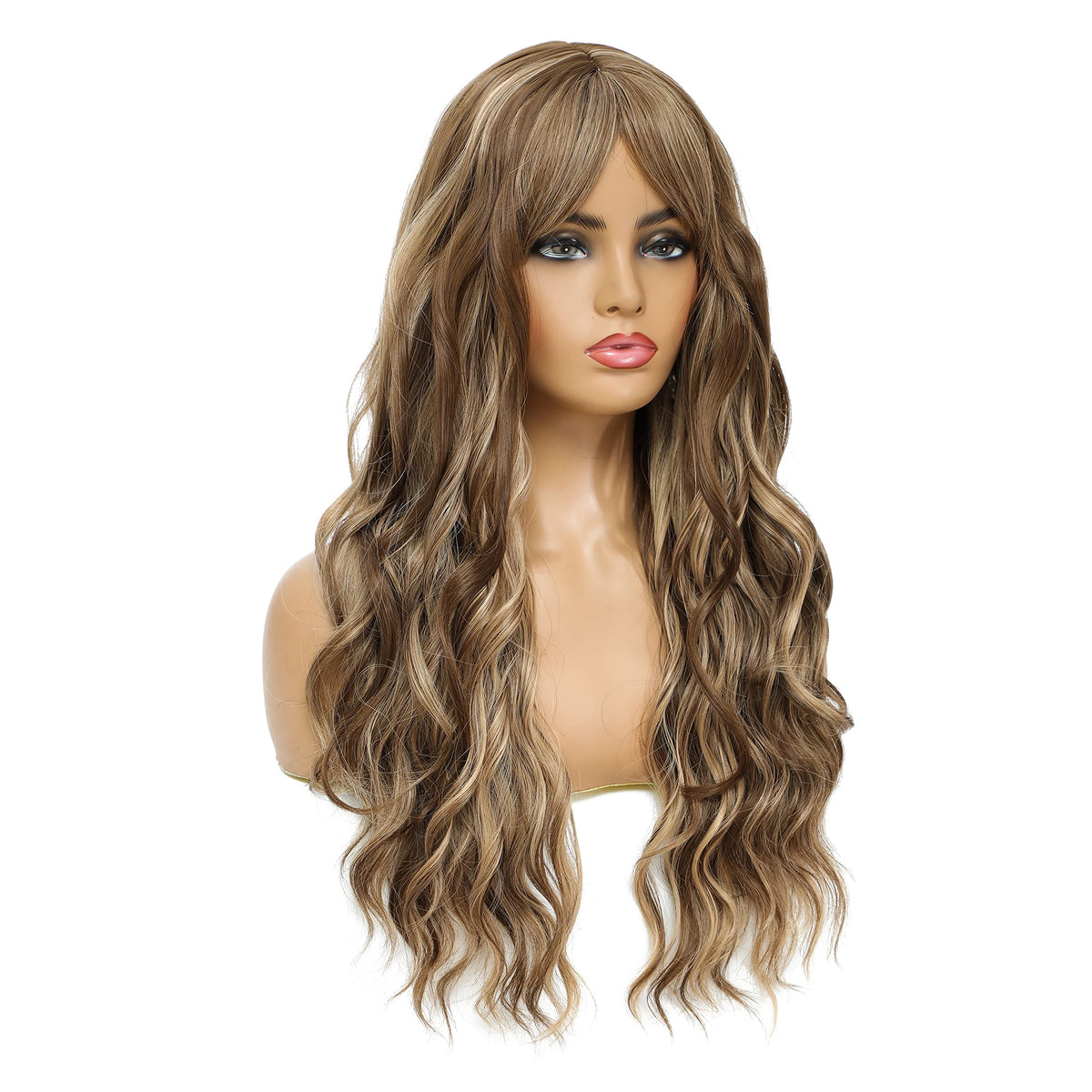 SWACC Long Curly Wavy Wig with Bangs Synthetic Hair Wig for Women with Wig Cap (Pink Ombre)