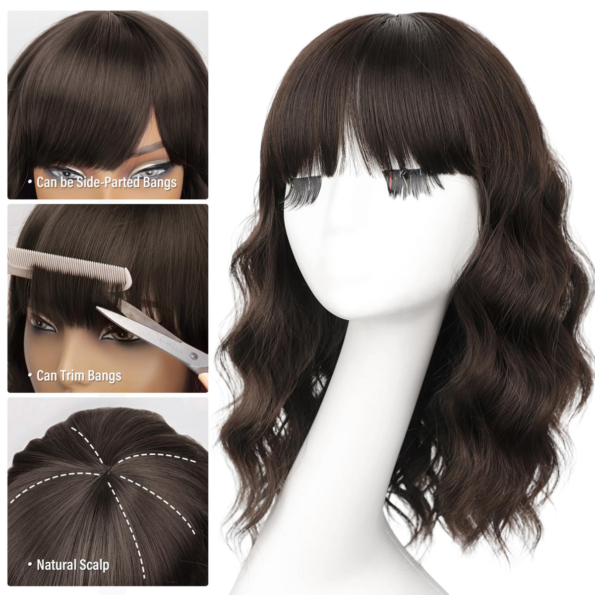 Nnzes Short Wavy Bob Wig with Bangs for Women Shoulder Length Curly Dark Brown with Purple Synthetic Heat-Resistant Fiber Hair for Daily & Party Use