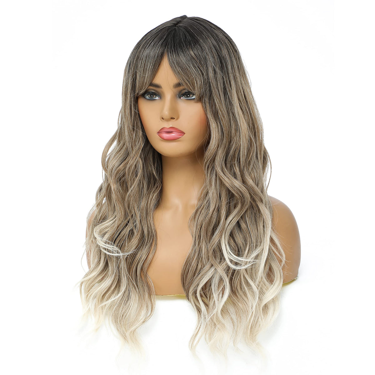 SWACC Long Curly Wavy Wig with Bangs Synthetic Hair Wig for Women with Wig Cap (Pink Ombre)