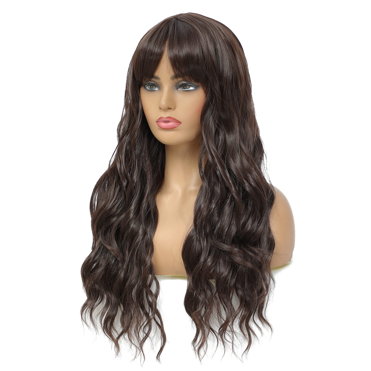 SWACC Long Curly Wavy Wig with Bangs Synthetic Hair Wig for Women with Wig Cap (Pink Ombre)