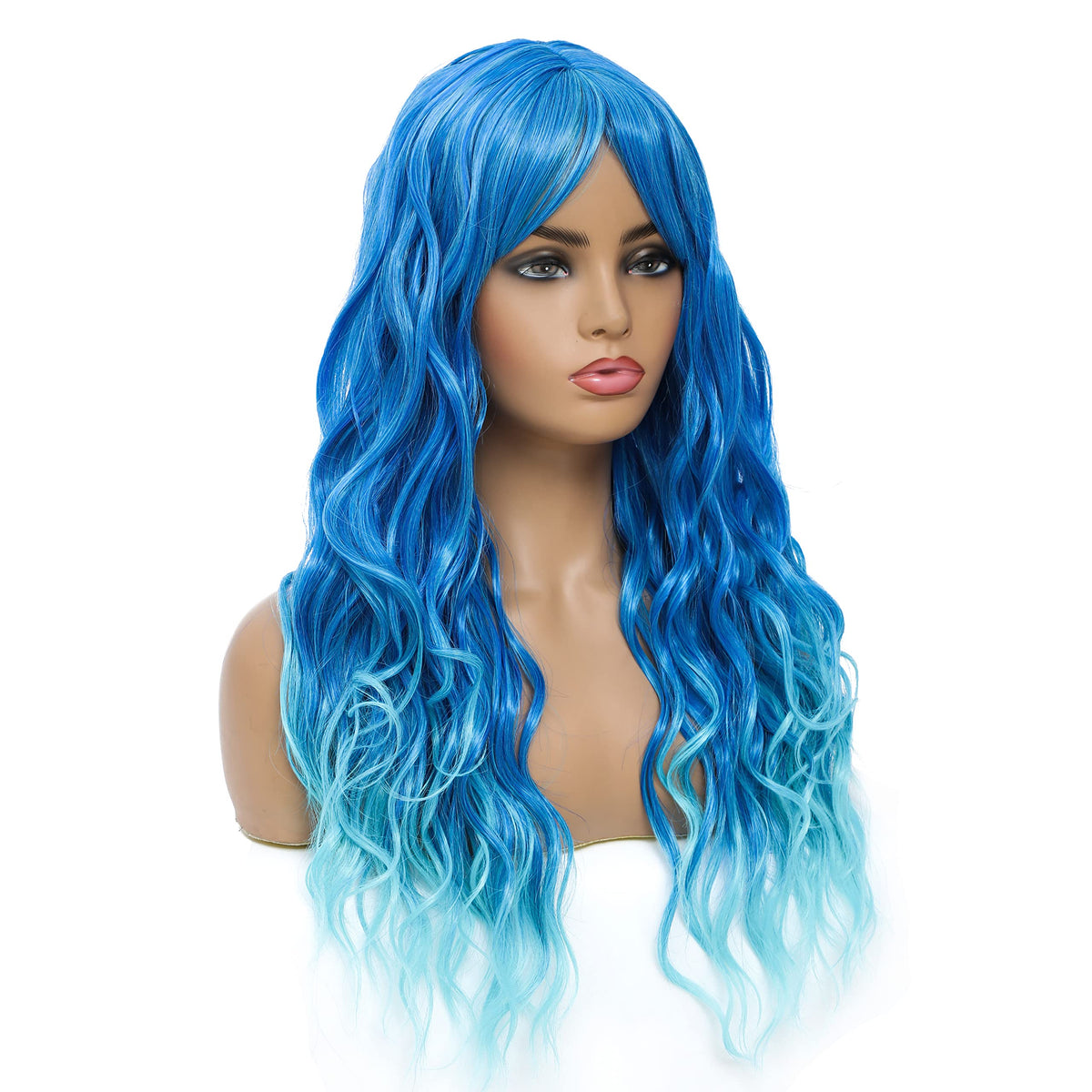 SWACC Long Curly Wavy Wig with Bangs Synthetic Hair Wig for Women with Wig Cap (Pink Ombre)