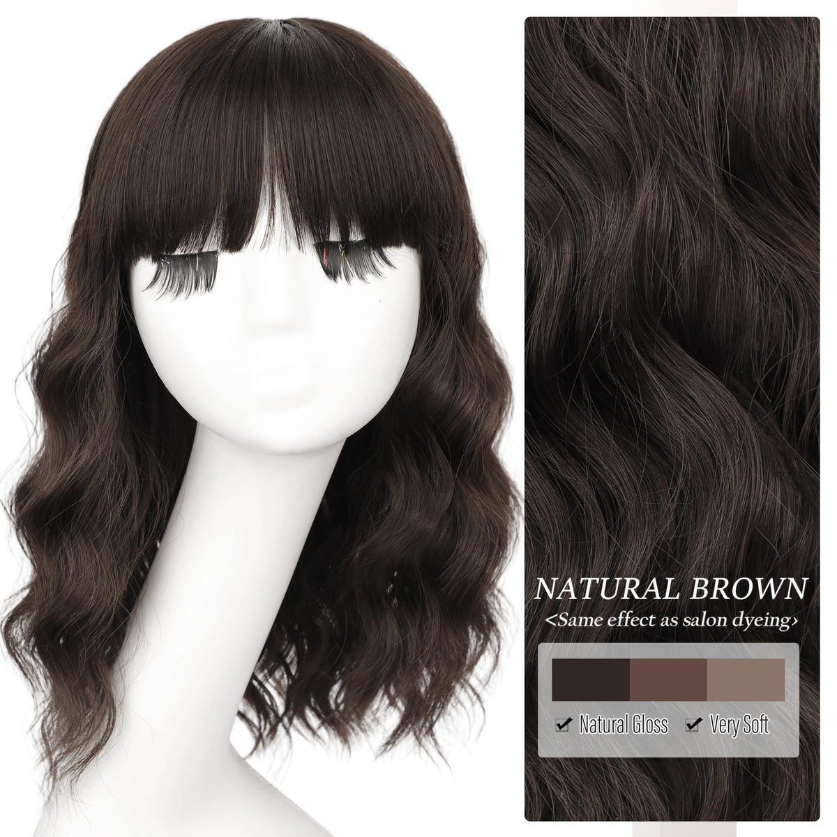 Nnzes Short Wavy Bob Wig with Bangs for Women Shoulder Length Curly Dark Brown with Purple Synthetic Heat-Resistant Fiber Hair for Daily & Party Use