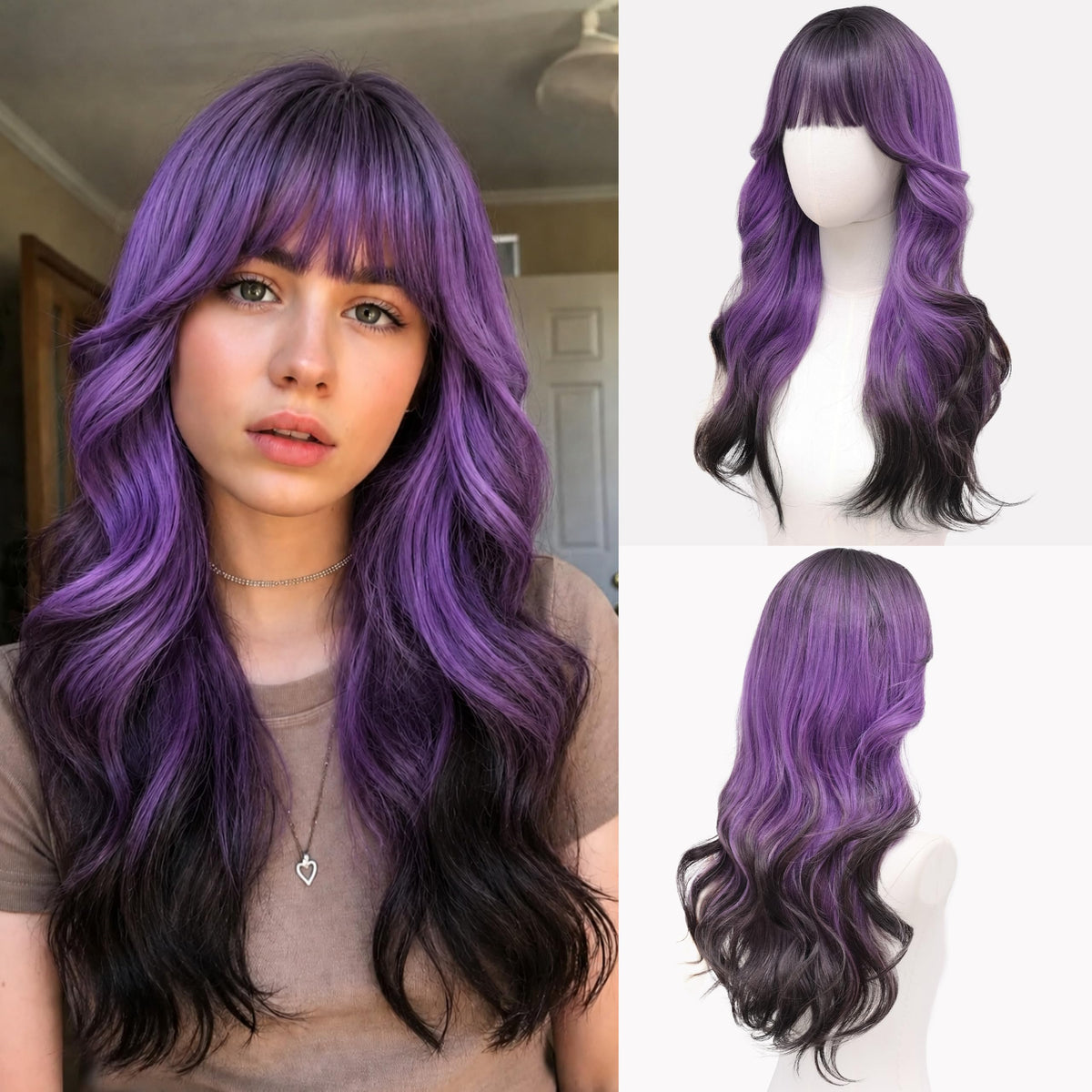 Rooted Honey Wig with Bangs for Women 24 Inch Long Wavy Synthetic Hair