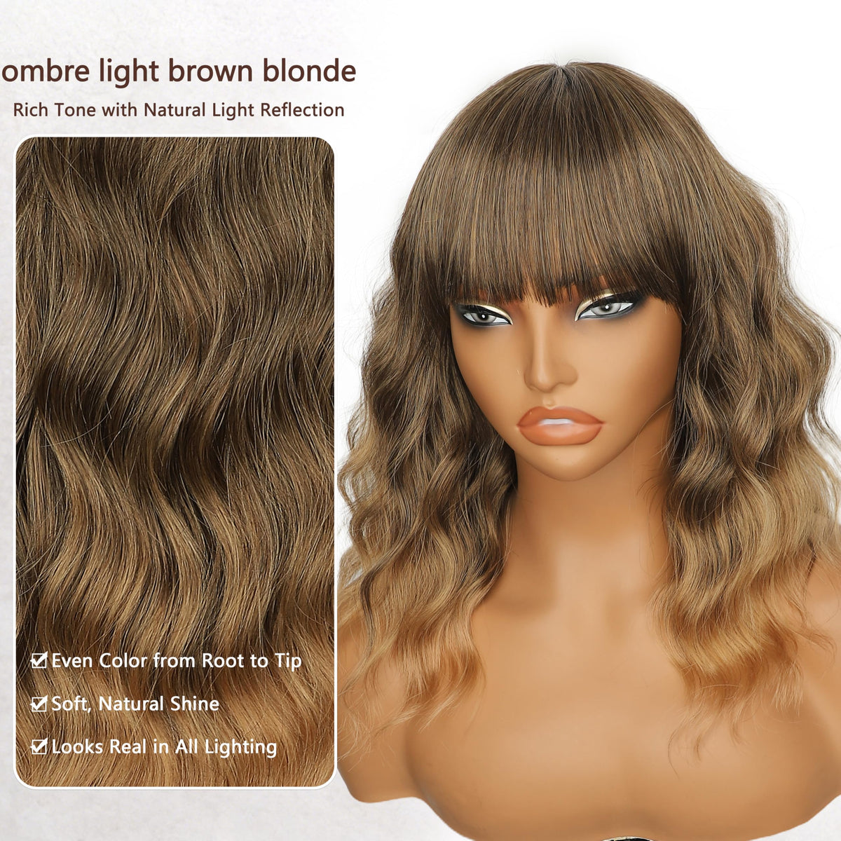 Nnzes Short Wavy Bob Wig with Bangs for Women Shoulder Length Curly Dark Brown with Purple Synthetic Heat-Resistant Fiber Hair for Daily & Party Use