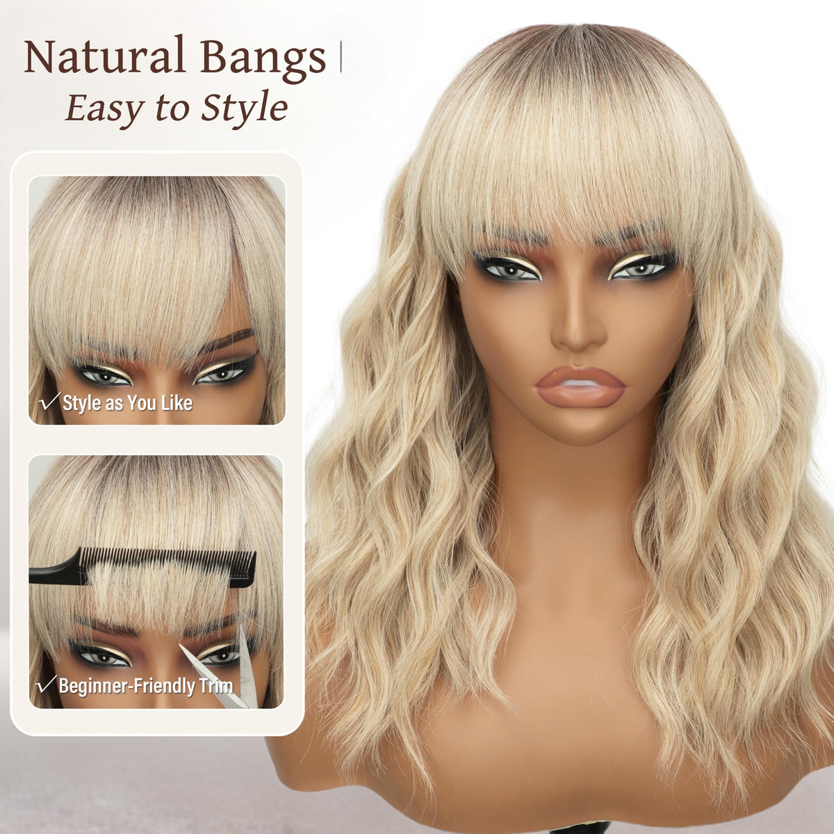 Nnzes Short Wavy Bob Wig with Bangs for Women Shoulder Length Curly Dark Brown with Purple Synthetic Heat-Resistant Fiber Hair for Daily & Party Use