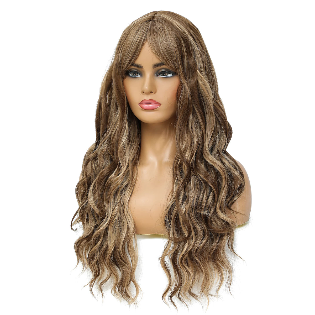 SWACC Long Curly Wavy Wig with Bangs Synthetic Hair Wig for Women with Wig Cap (Pink Ombre)