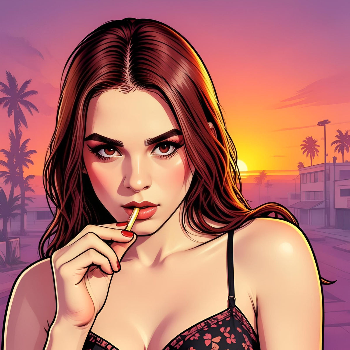 Girl at City with palm trees (images for download)