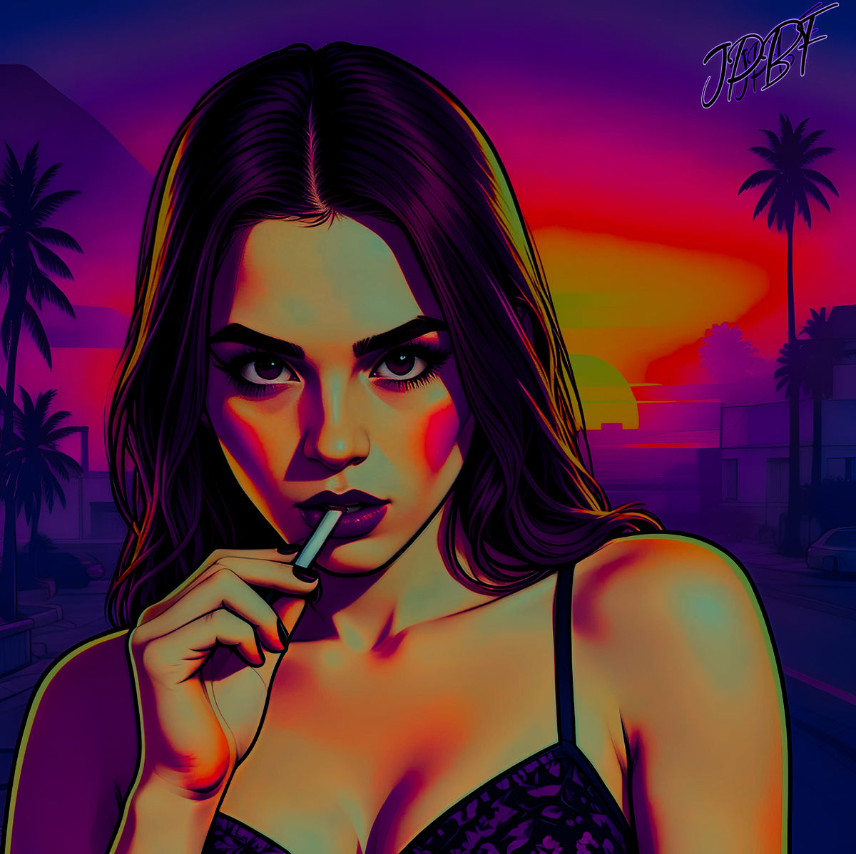 Girl at City with palm trees (images for download)