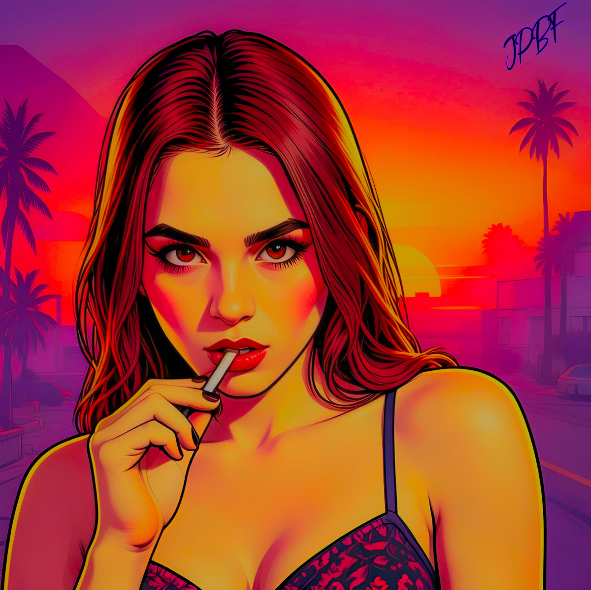 Girl at City with palm trees (images for download)