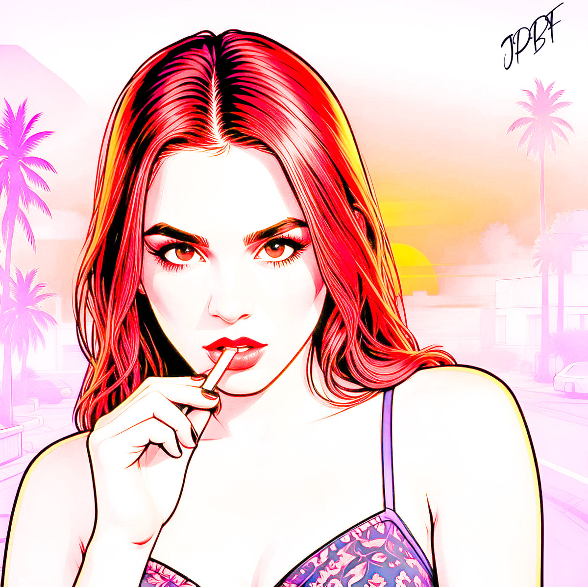 Girl at City with palm trees (images for download)