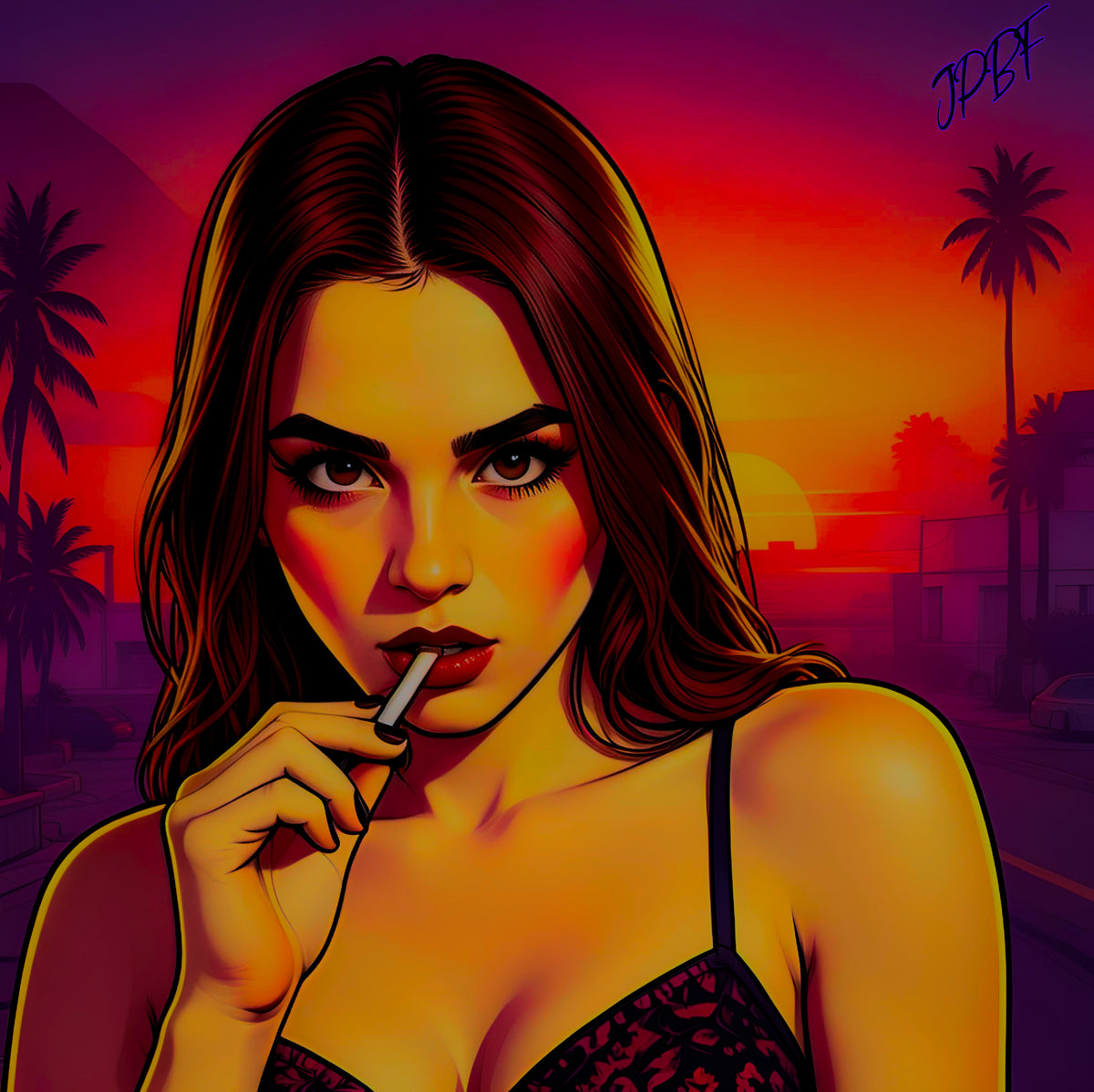 Girl at City with palm trees (images for download)