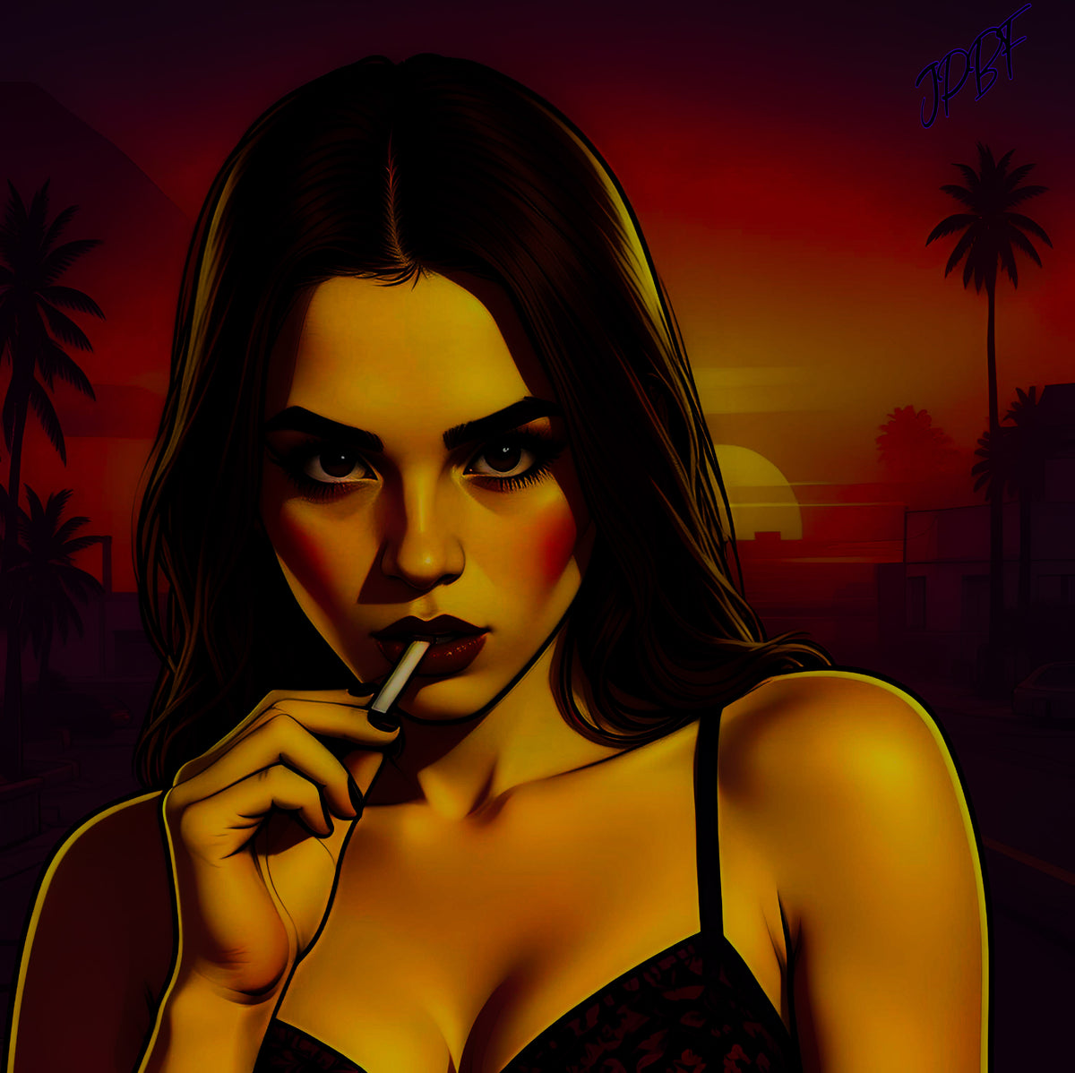Girl at City with palm trees (images for download)