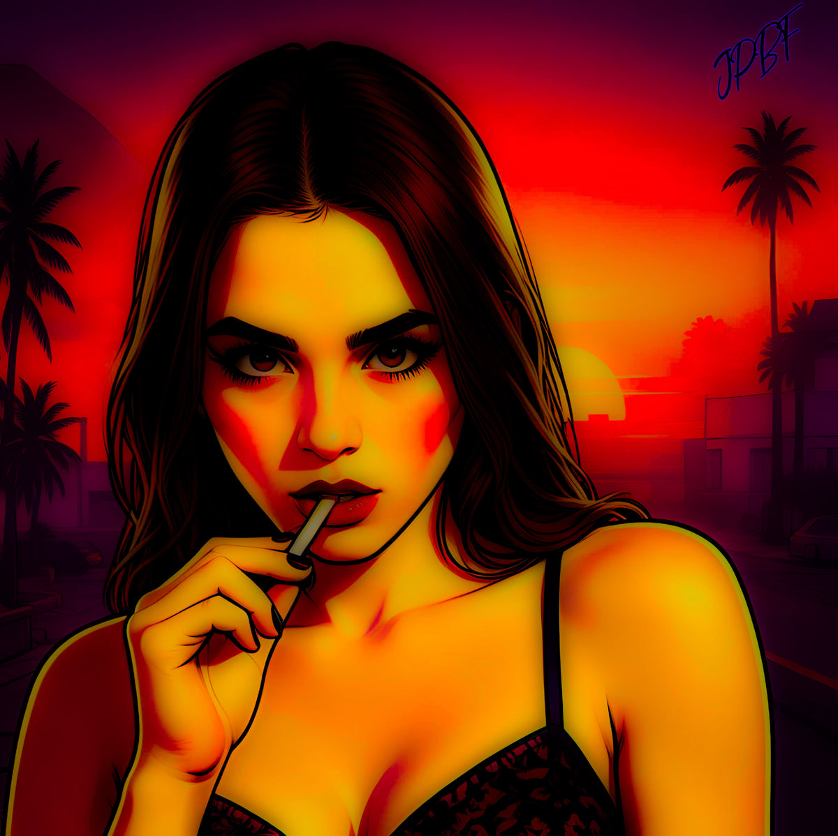 Girl at City with palm trees (images for download)