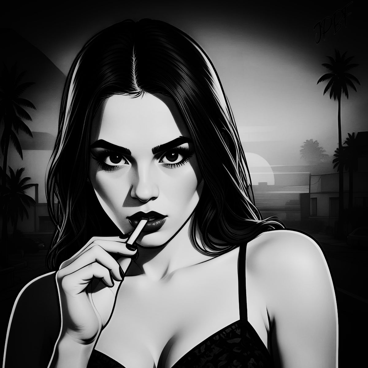 Girl at City with palm trees (images for download)