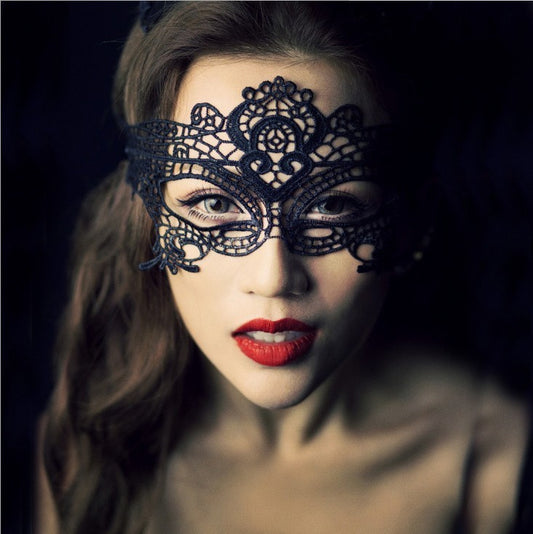 Black Women's Sexy Lace Hollow Out Lingerie Set Mask Blindfold