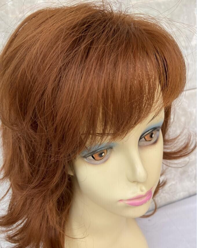 Mid Length Shag Capless Wavy Layered Synthetic Hair Wigs Women Natural Auburn
