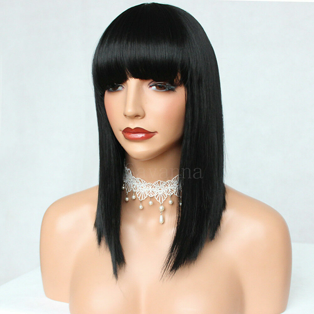 Women Full Bangs Synthetic None Lace Wigs Short Bob Straight Natural Black Hair