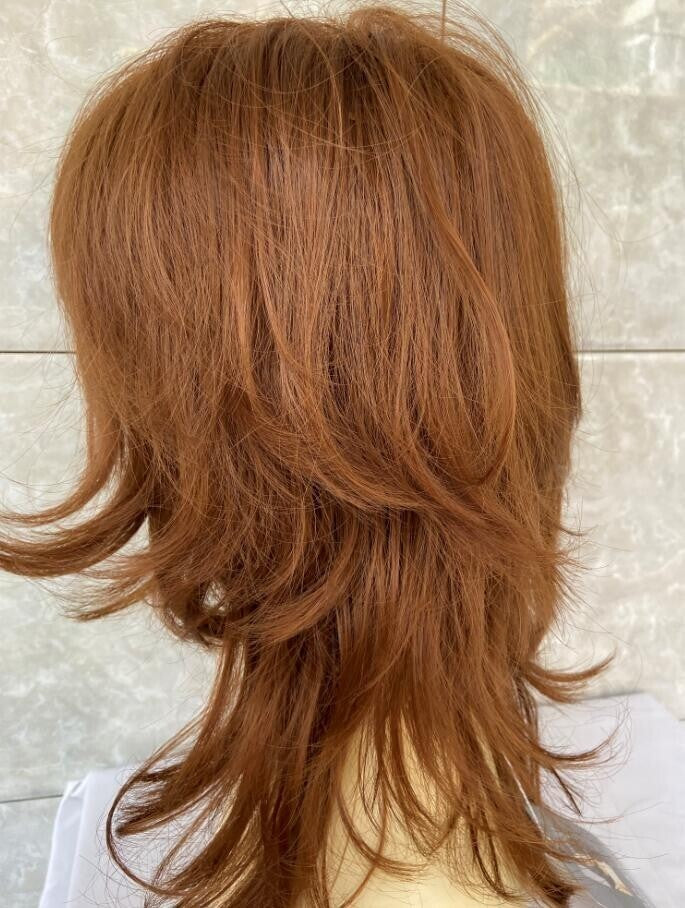 Mid Length Shag Capless Wavy Layered Synthetic Hair Wigs Women Natural Auburn