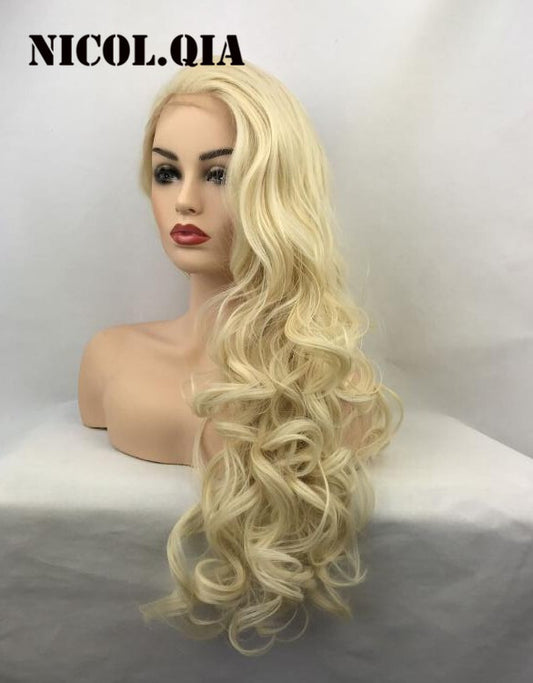 Human Hair Blend Full Lace Front Wig Beach Wavy Pale Blonde Mix Heat OK #613