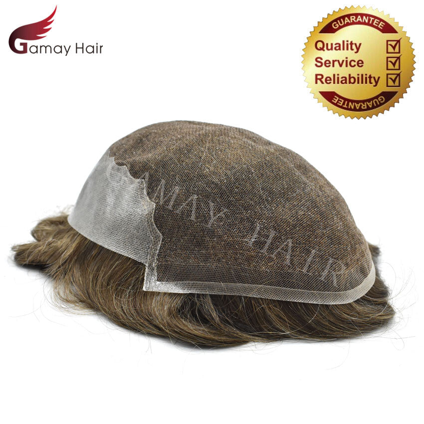 Mens Toupee French Lace Human Hair Front Bleached Knots Wig Hairpiece for Men