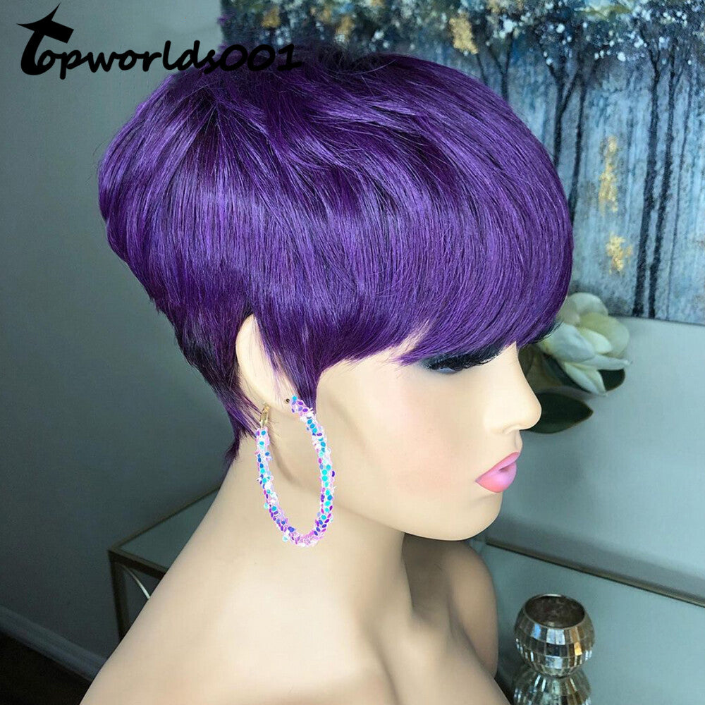 Dark Purple Brazilian Human Hair Wigs Sexy Pixie Cut Wigs for Women Party Daily