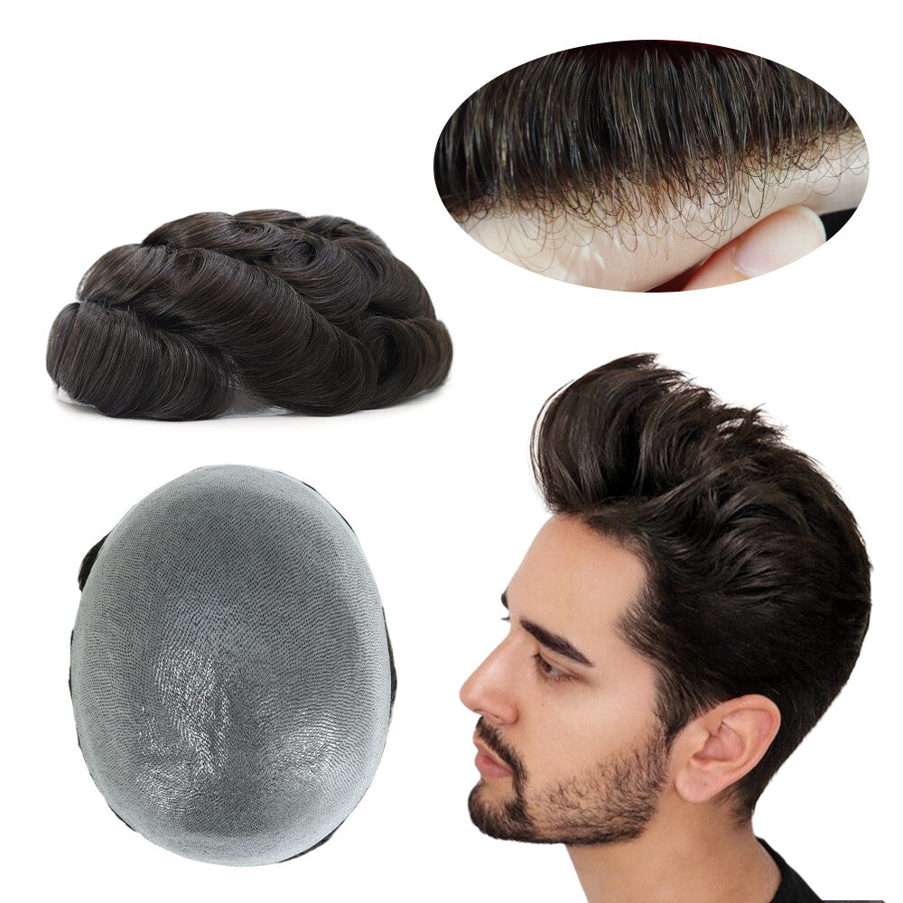Mens Thin Skin Toupee Hair Replacement System Hairpiece BIO Human Hair Wigs
