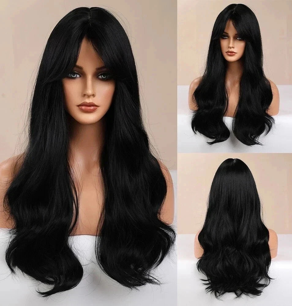Human Hair New Fashion Sexy Women's Long Natural Black Wavy Wigs 24 In
