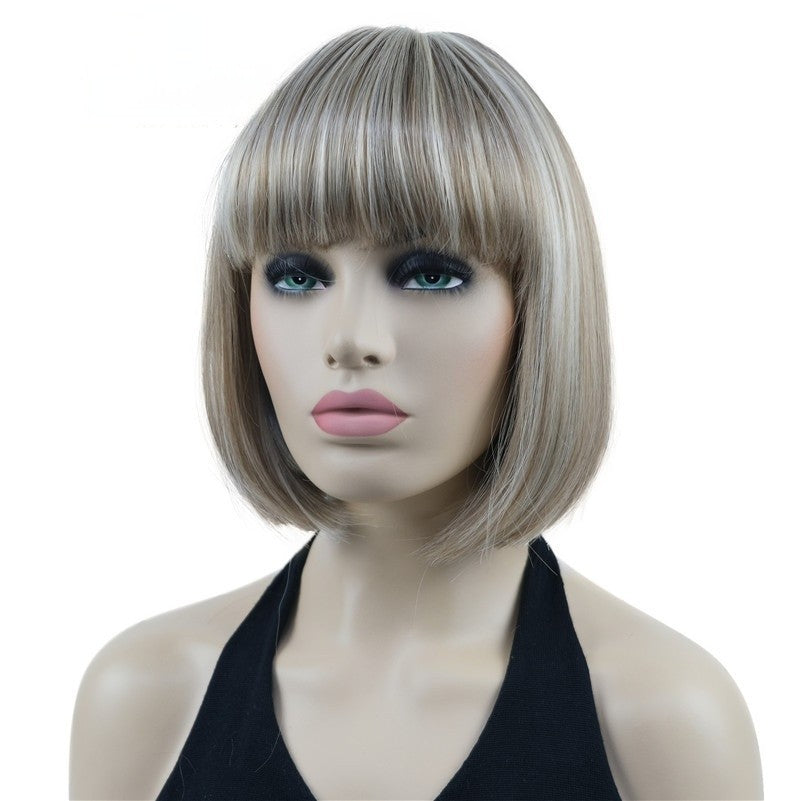 Natural Short Mix Blonde Brown Straight wigs for Women's Full Synthetic Hair