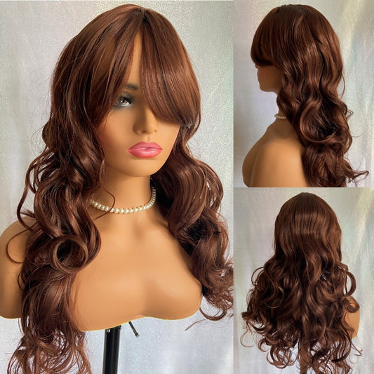 Human hair blend full Wig Heat OK Wavy Long Auburn Bang Layered Women Natural