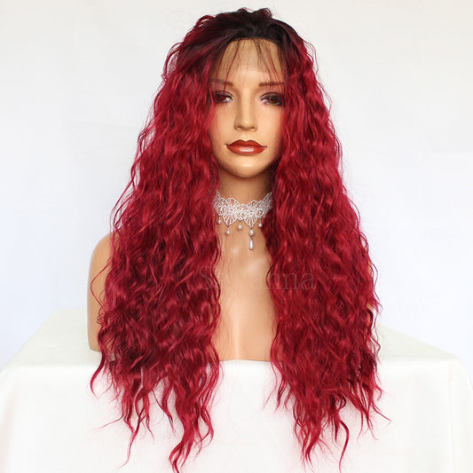 Loose Curly Ombre Red Long Lace Front Wigs 180% Density Synthetic