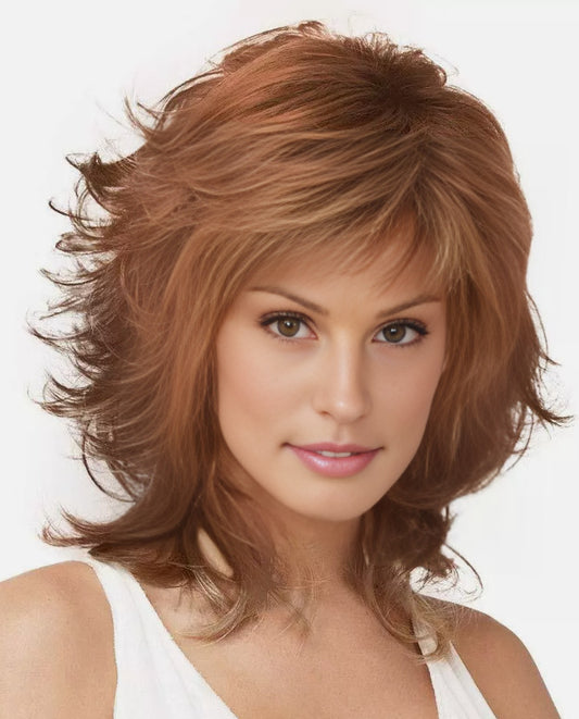Mid Length Shag Capless Wavy Layered Synthetic Hair Wigs Women Natural Auburn