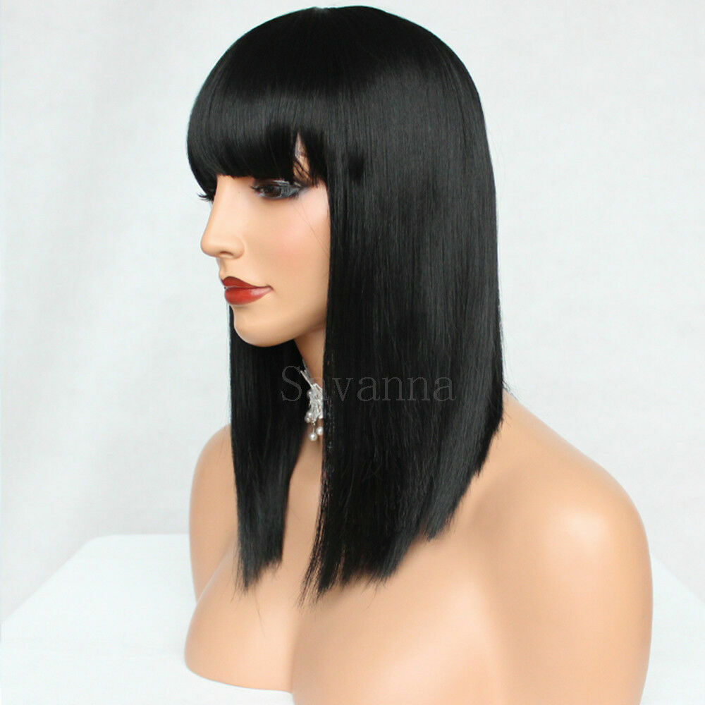 Women Full Bangs Synthetic None Lace Wigs Short Bob Straight Natural Black Hair