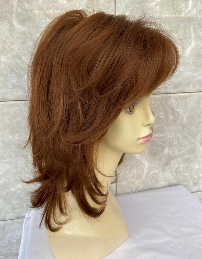 Mid Length Shag Capless Wavy Layered Synthetic Hair Wigs Women Natural Auburn