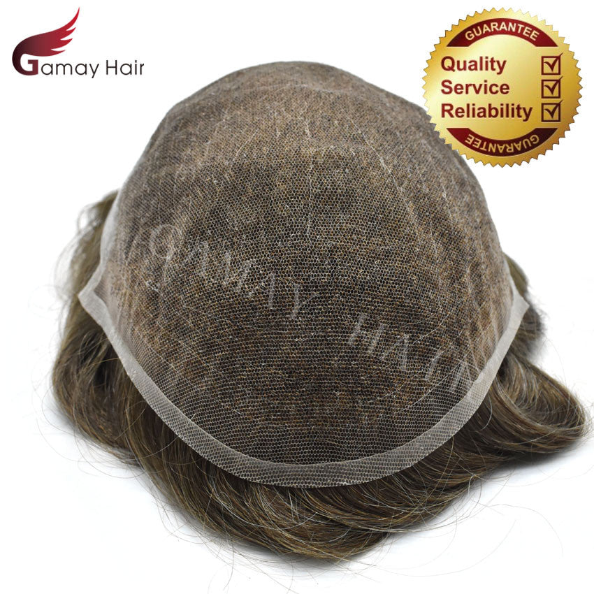 Mens Toupee French Lace Human Hair Front Bleached Knots Wig Hairpiece for Men