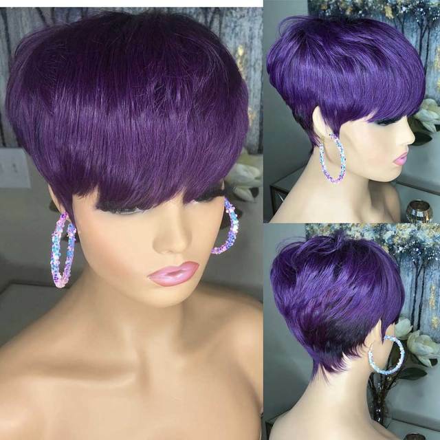 Dark Purple Brazilian Human Hair Wigs Sexy Pixie Cut Wigs for Women Party Daily