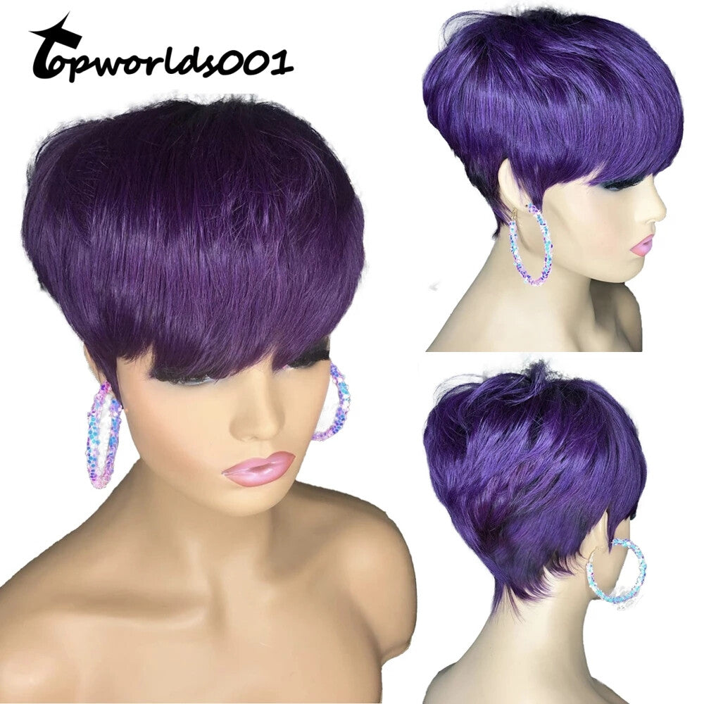Dark Purple Brazilian Human Hair Wigs Sexy Pixie Cut Wigs for Women Party Daily