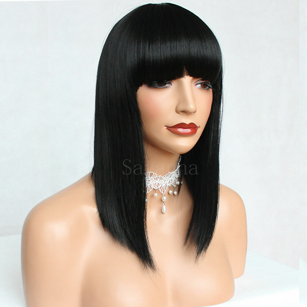 Women Full Bangs Synthetic None Lace Wigs Short Bob Straight Natural Black Hair