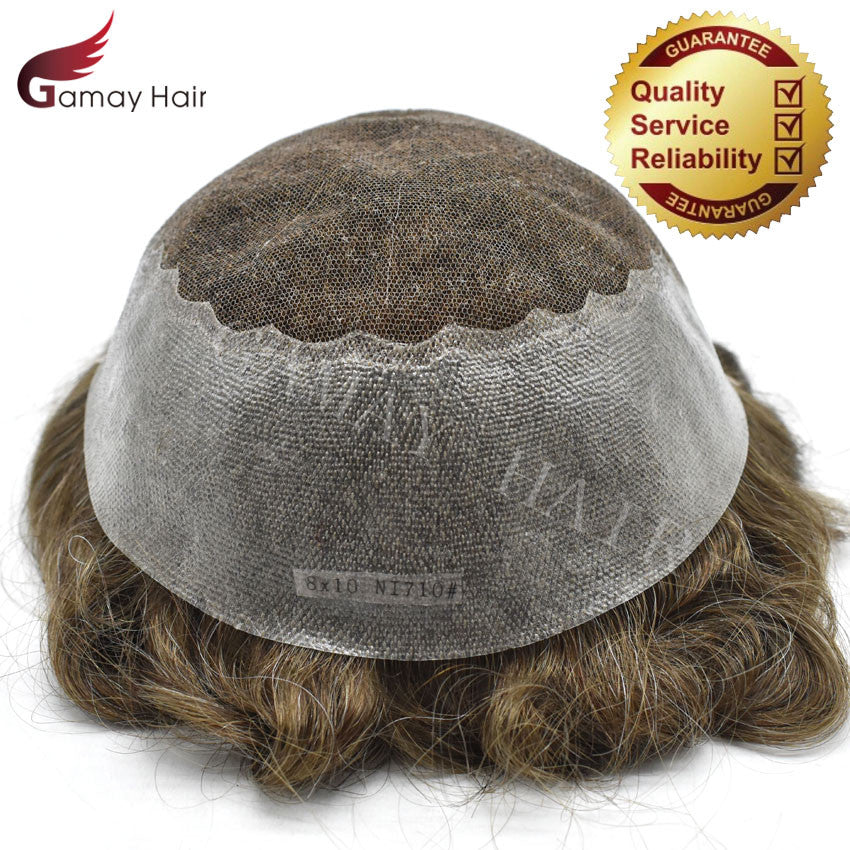 Mens Toupee French Lace Human Hair Front Bleached Knots Wig Hairpiece for Men