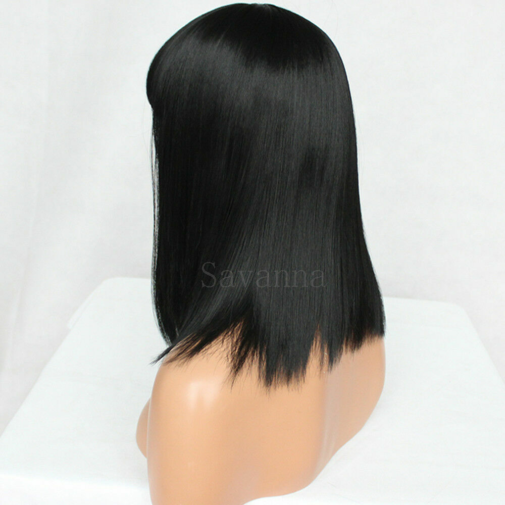 Women Full Bangs Synthetic None Lace Wigs Short Bob Straight Natural Black Hair