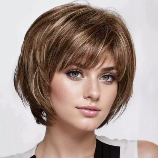 Fashion Women's Layered Short Brown Mix Blond Straight Natural Hair Wigs 10 Inch