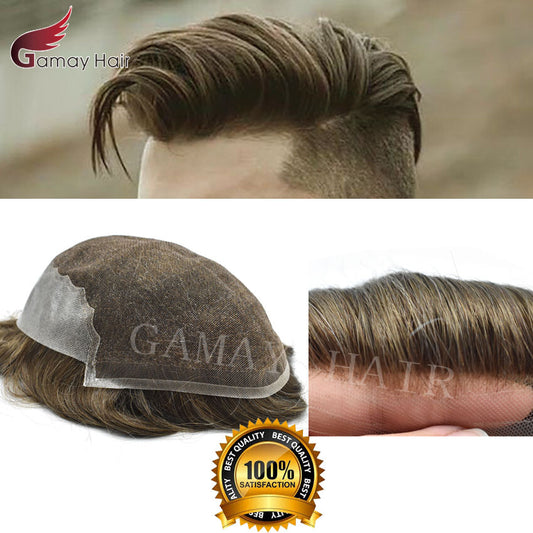 Mens Toupee French Lace Human Hair Front Bleached Knots Wig Hairpiece for Men