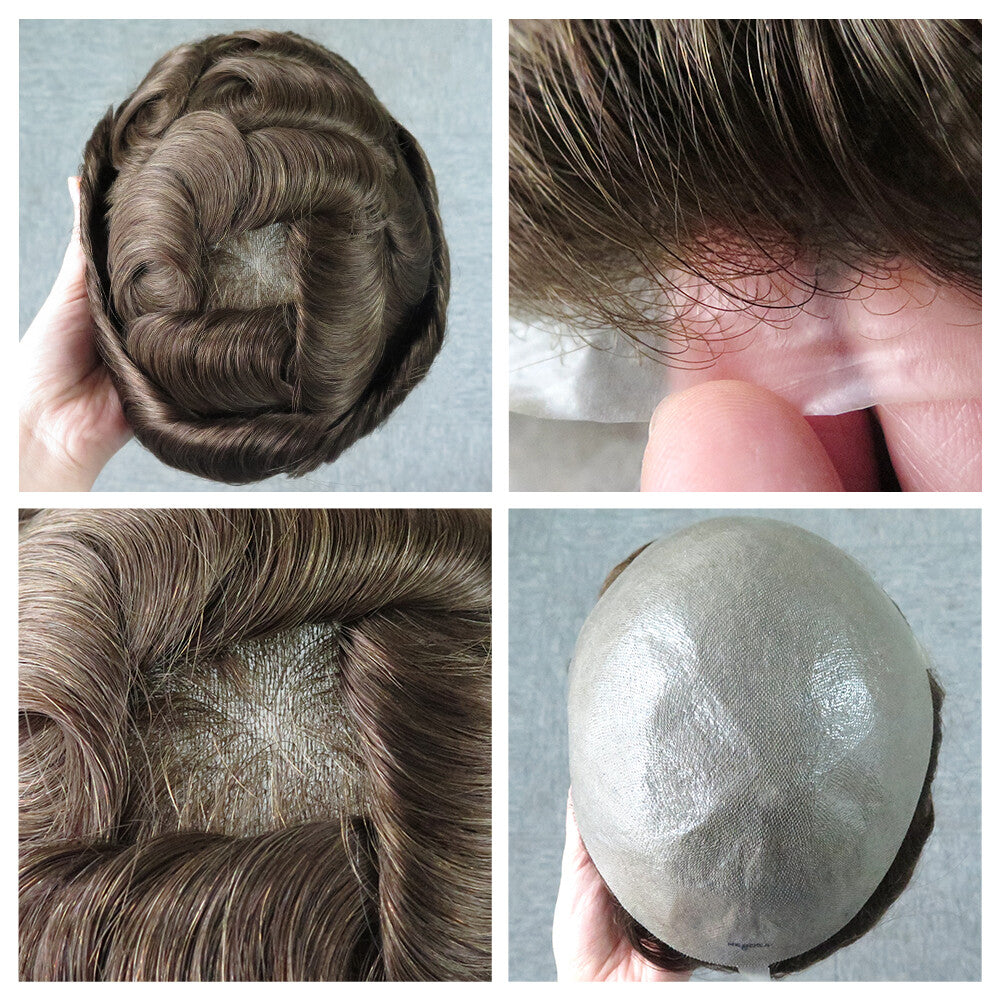 Mens Thin Skin Toupee Hair Replacement System Hairpiece BIO Human Hair Wigs